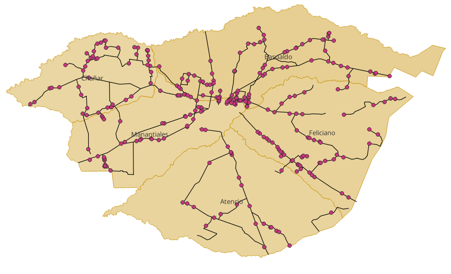 Mapa de establecimientos y caminos relevados en el departamento Feliciano
