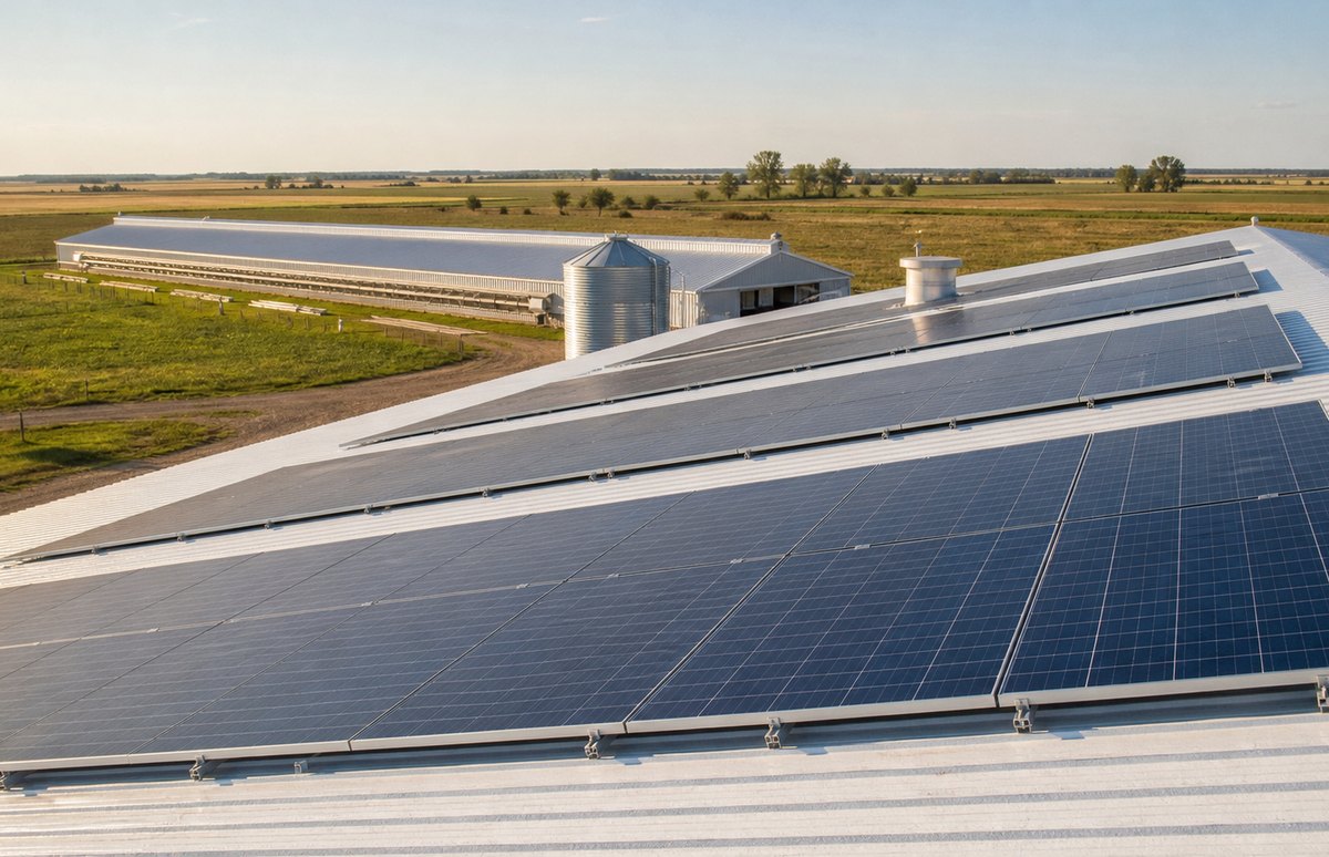 Solar panels installed on a rural agroindustrial roof